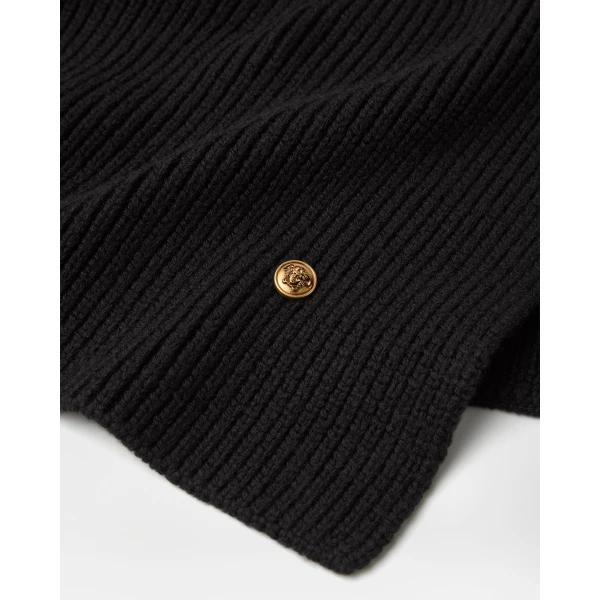 Versace Ribbed Wool Knit Scarf in Black, view 2 | Scarves