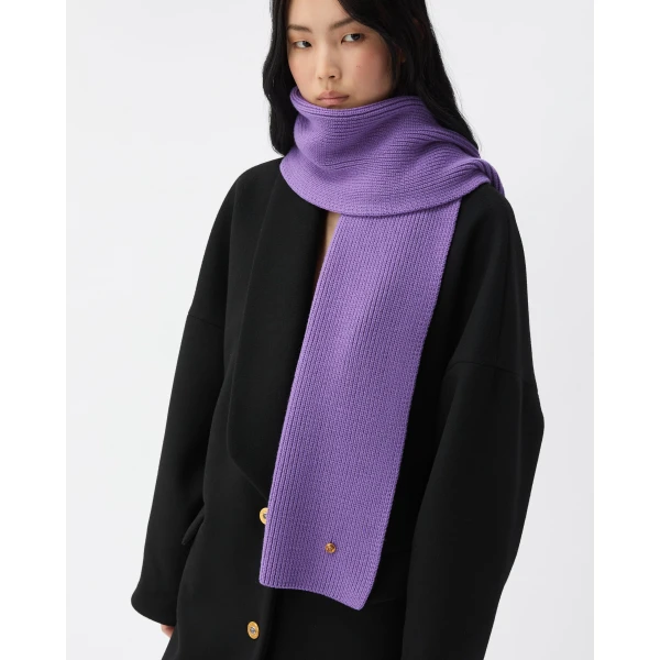 Versace Ribbed Wool Knit Scarf in Purple, view 2 | Scarves