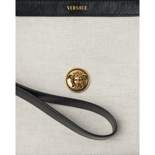 Versace Rivière Canvas Pouch in Black and Beige, 19.5 cm, view 2 | Clutch Bags