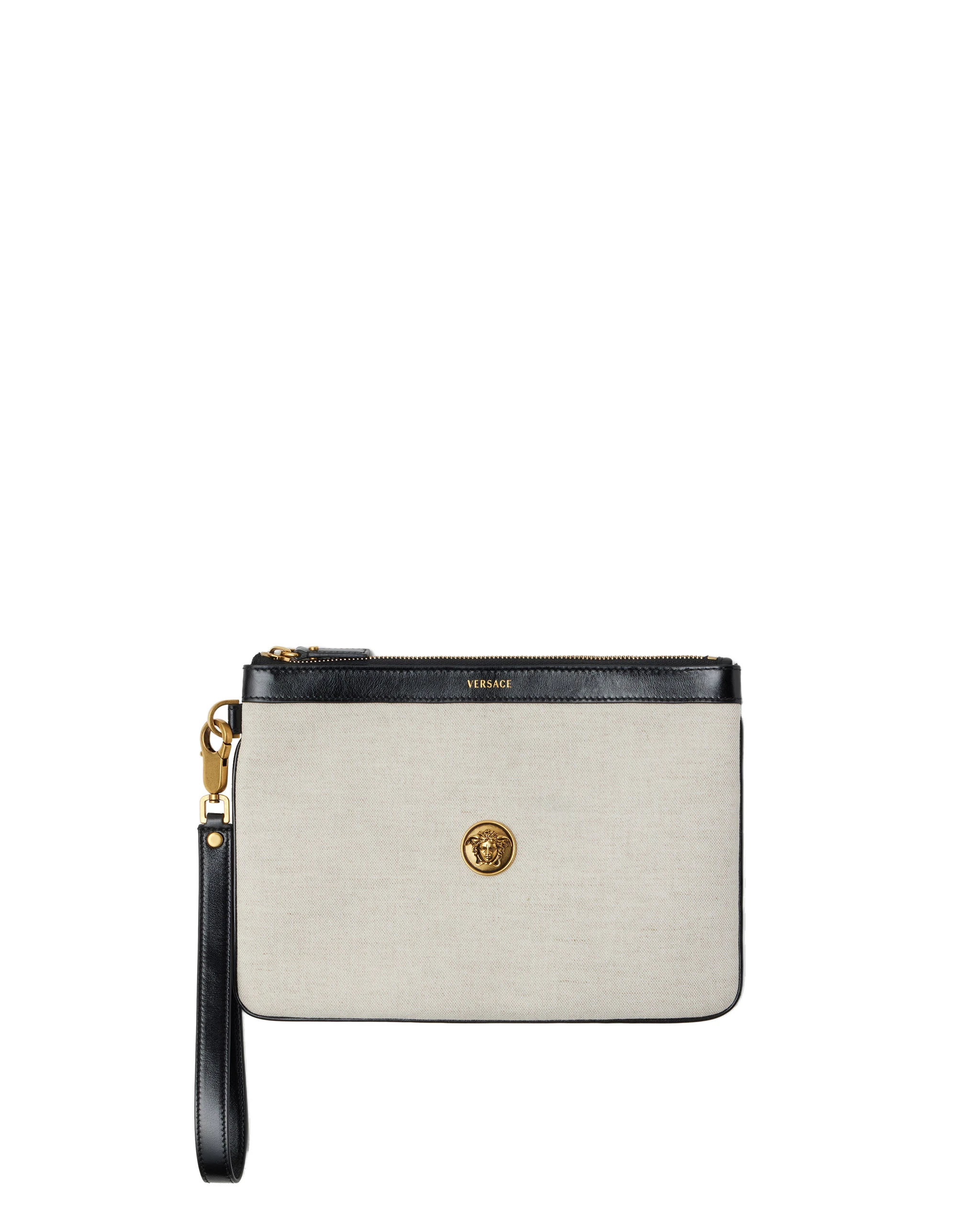 Versace Rivière Canvas Pouch in Black and Beige, 19.5 cm Versace Rivière Canvas Pouch in Black and Beige, 19.5 cm | Clutch Bags | Coveti