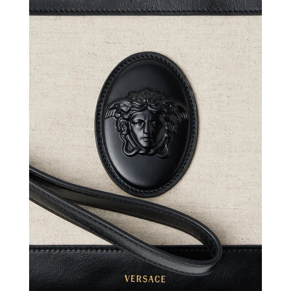 Versace Rivière Canvas Pouch in Black and Beige, 27 cm, view 2 | Wallets & Purses