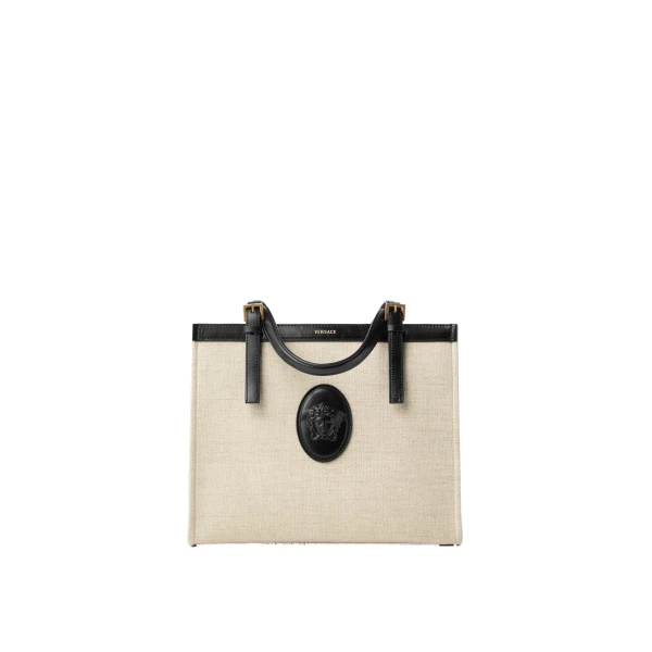 Versace Rivière Canvas Tote in Black and Beige, Ref. 1A17864 | Totes & Top-Handle Bags | Coveti