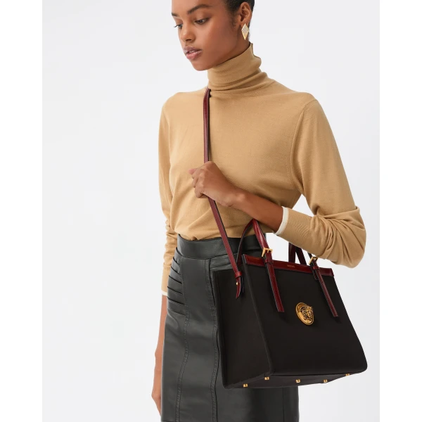 Versace Rivière Canvas Tote in Black and Brown, view 2 | Totes & Top-Handle Bags