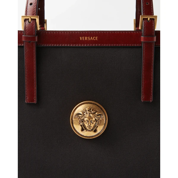 Versace Rivière Canvas Tote in Black and Brown, view 4 | Totes & Top-Handle Bags
