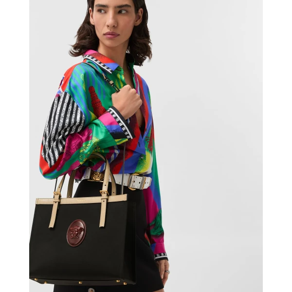 Versace Rivière Canvas Tote in Black, view 2 | Totes & Top-Handle Bags