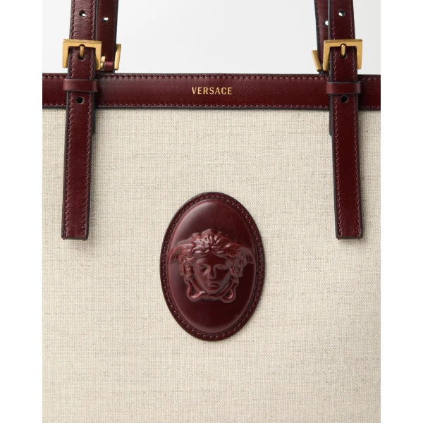 Versace Rivière Canvas Tote in Brown and Beige, view 3 | Totes & Top-Handle Bags