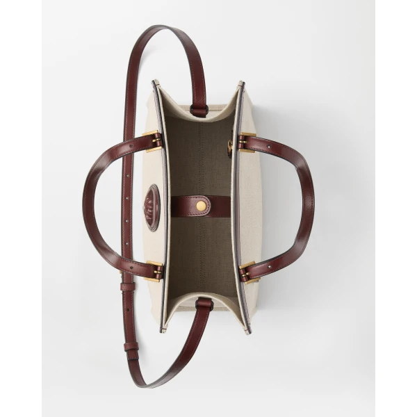 Versace Rivière Canvas Tote in Brown and Beige, view 4 | Totes & Top-Handle Bags