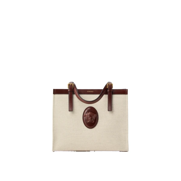 Versace Rivière Canvas Tote in Brown and Beige | Totes & Top-Handle Bags | Coveti