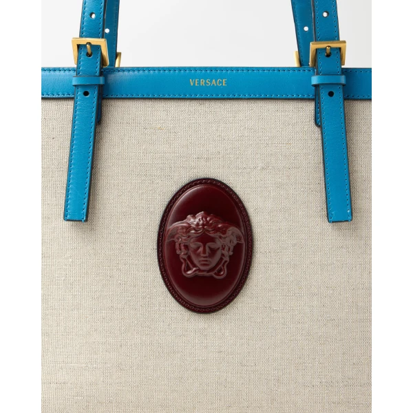 Versace Rivière Canvas Tote in Light Blue, view 3 | Totes & Top-Handle Bags