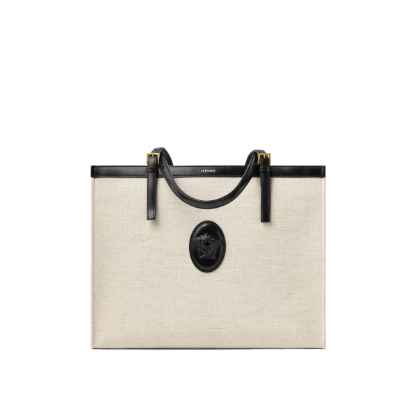 Versace Rivière Large Canvas Tote in Black and Beige, Ref. 1A17864 | Totes & Top-Handle Bags | Coveti