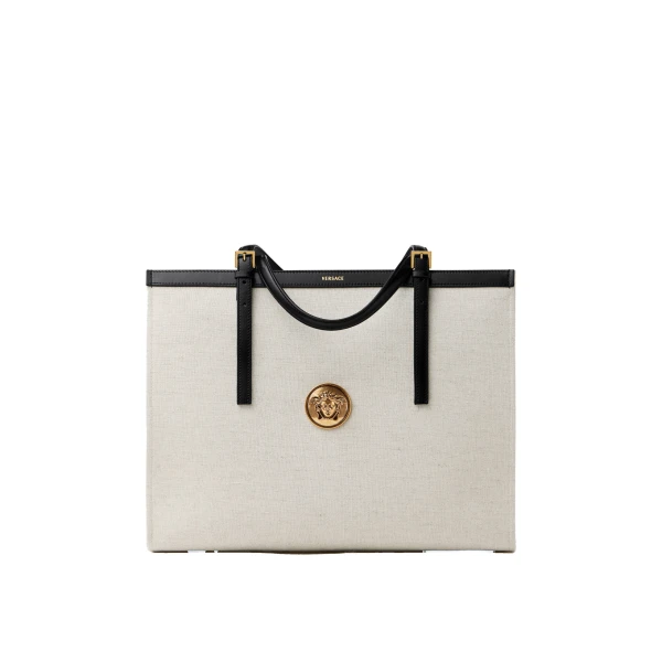 Versace Rivière Large Canvas Tote in Black and Beige, Ref. 1A19218 | Totes & Top-Handle Bags | Coveti