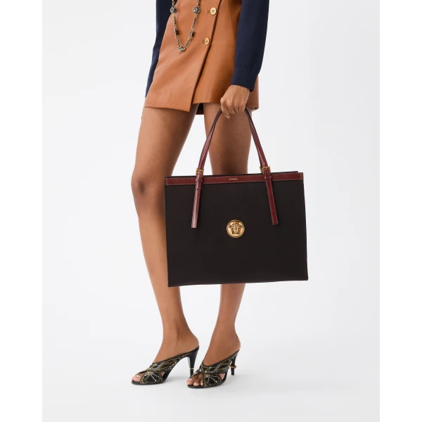 Versace Rivière Large Canvas Tote in Black and Brown, view 2 | Totes & Top-Handle Bags