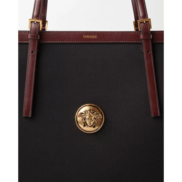 Versace Rivière Large Canvas Tote in Black and Brown, view 4 | Totes & Top-Handle Bags
