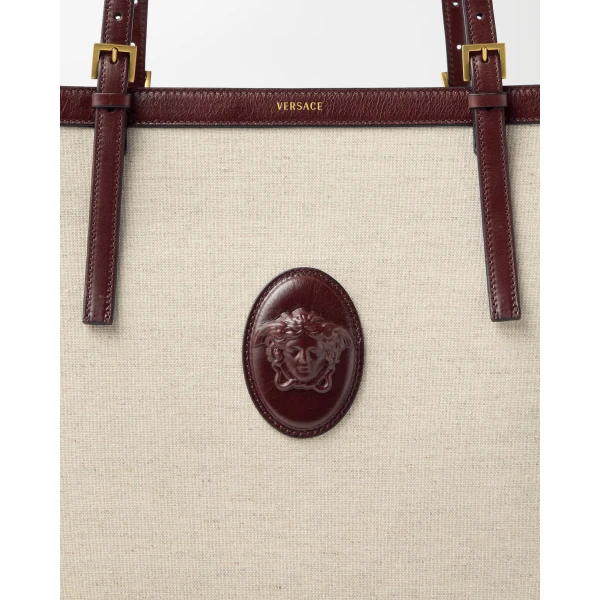 Versace Rivière Large Canvas Tote in Brown and Beige, view 3 | Totes & Top-Handle Bags
