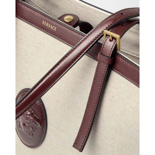Versace Rivière Large Canvas Tote in Brown and Beige, view 6 | Totes & Top-Handle Bags