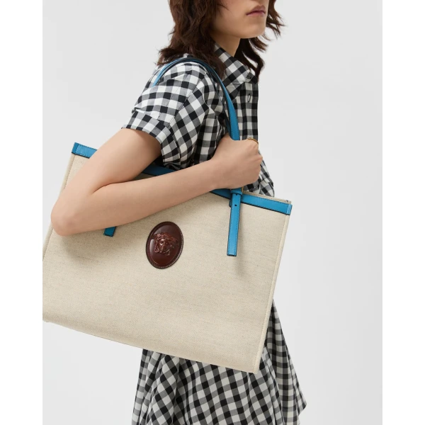 Versace Rivière Large Canvas Tote in Light Blue, view 2 | Totes & Top-Handle Bags