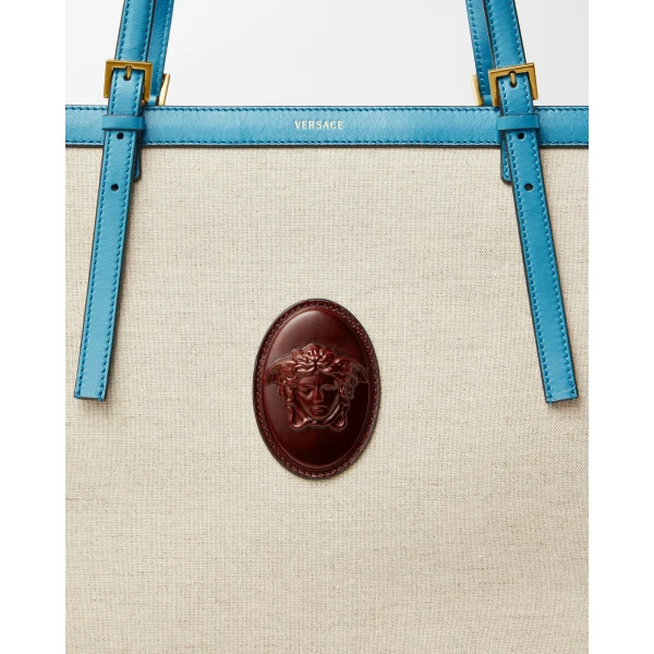 Versace Rivière Large Canvas Tote in Light Blue, view 4 | Totes & Top-Handle Bags