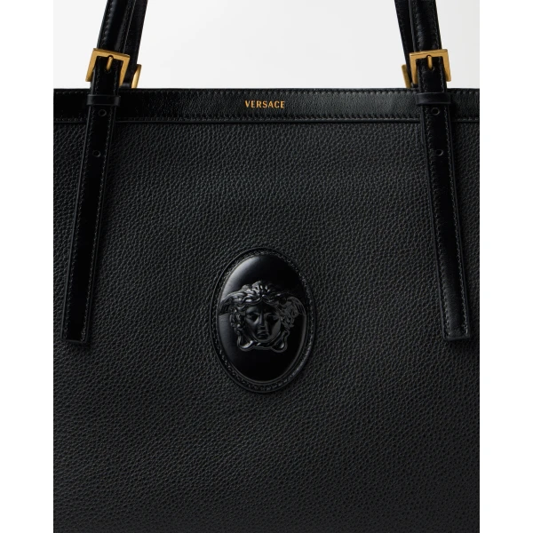 Versace Rivière Large Leather Tote in Black, view 3 | Totes & Top-Handle Bags