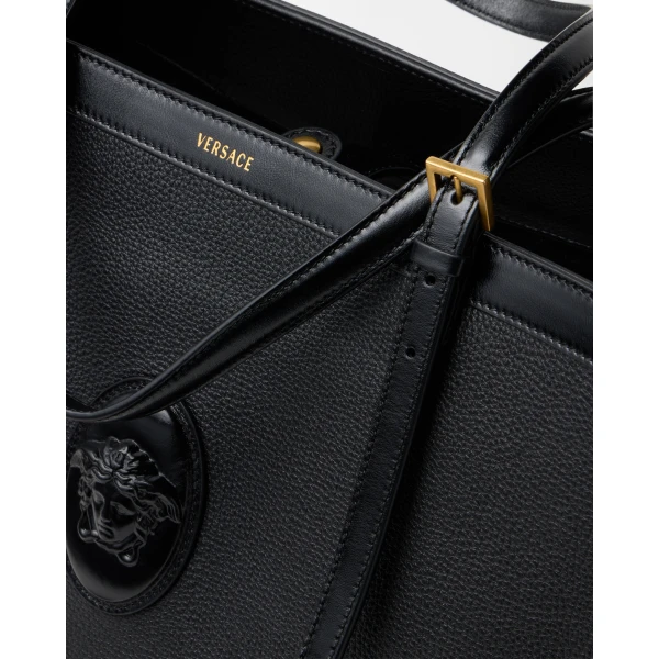 Versace Rivière Large Leather Tote in Black, view 6 | Totes & Top-Handle Bags