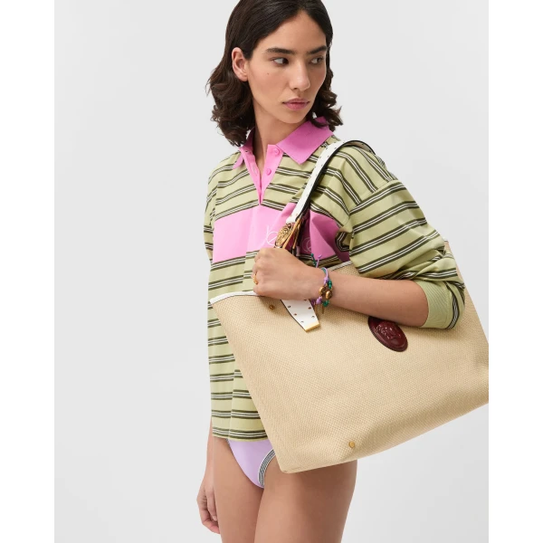 Versace Rivière Large Raffia Tote in Beige, view 2 | Totes & Top-Handle Bags