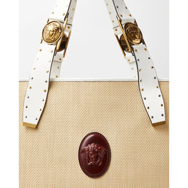 Versace Rivière Large Raffia Tote in Beige, view 4 | Totes & Top-Handle Bags