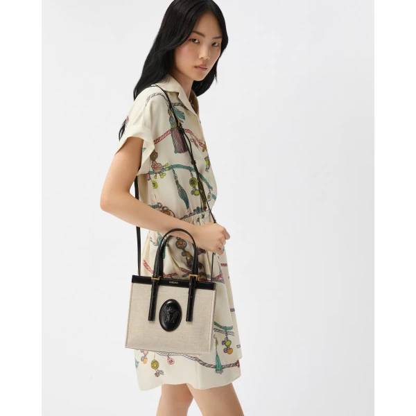Versace Rivière Mini Canvas Tote in Black and Beige, 19.5 cm, view 2 | Mini Bags