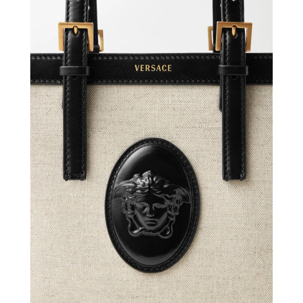 Versace Rivière Mini Canvas Tote in Black and Beige, 19.5 cm, view 4 | Mini Bags