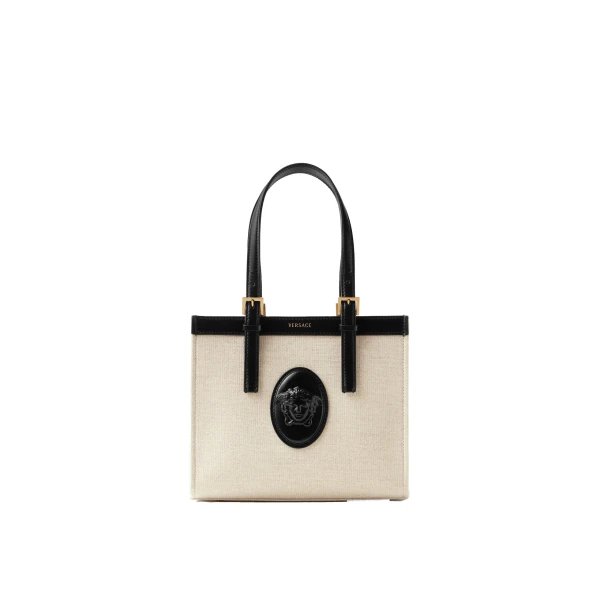 Rivière Mini Canvas Tote in Black and Beige, 19.5 cm