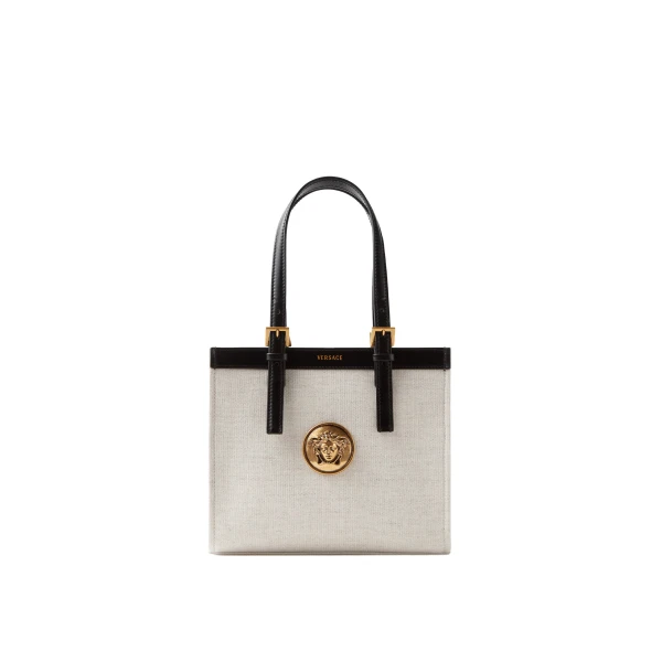 Versace Rivière Mini Canvas Tote in Black and Beige, 22.5 cm | Mini Bags | Coveti