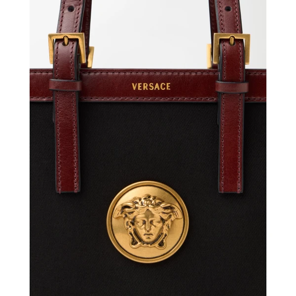 Versace Rivière Mini Canvas Tote in Black and Brown, view 3 | Mini Bags