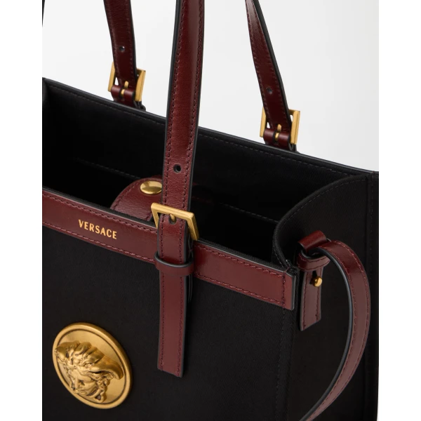 Versace Rivière Mini Canvas Tote in Black and Brown, view 6 | Mini Bags