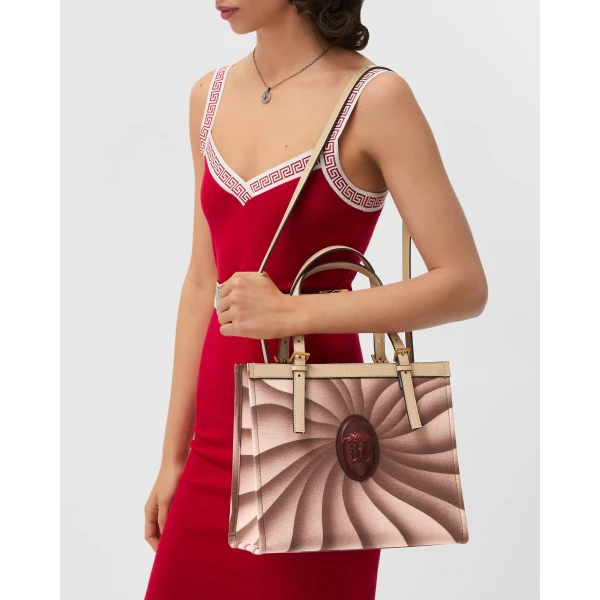 Versace Rivière Printed Canvas Tote in Burgundy and Beige, view 2 | Totes & Top-Handle Bags