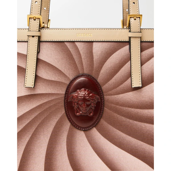 Versace Rivière Printed Canvas Tote in Burgundy and Beige, view 4 | Totes & Top-Handle Bags
