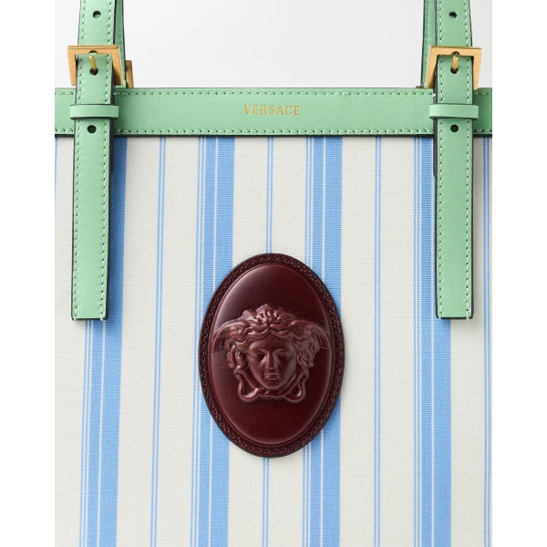 Versace Rivière Printed Canvas Tote in Green and Blue, view 3 | Totes & Top-Handle Bags