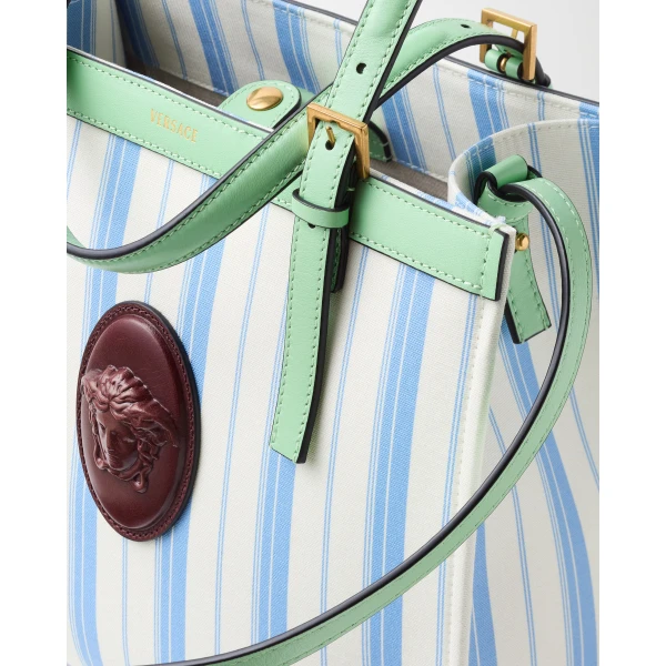 Versace Rivière Printed Canvas Tote in Green and Blue, view 6 | Totes & Top-Handle Bags