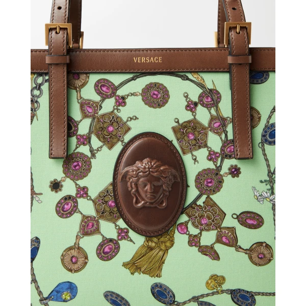 Versace Rivière Printed Canvas Tote in Green, view 4 | Totes & Top-Handle Bags