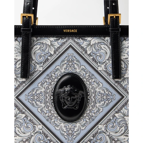 Versace Rivière Printed Canvas Tote in Grey and Black, view 3 | Totes & Top-Handle Bags