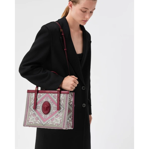 Versace Rivière Printed Canvas Tote in Grey and Pink, view 2 | Totes & Top-Handle Bags