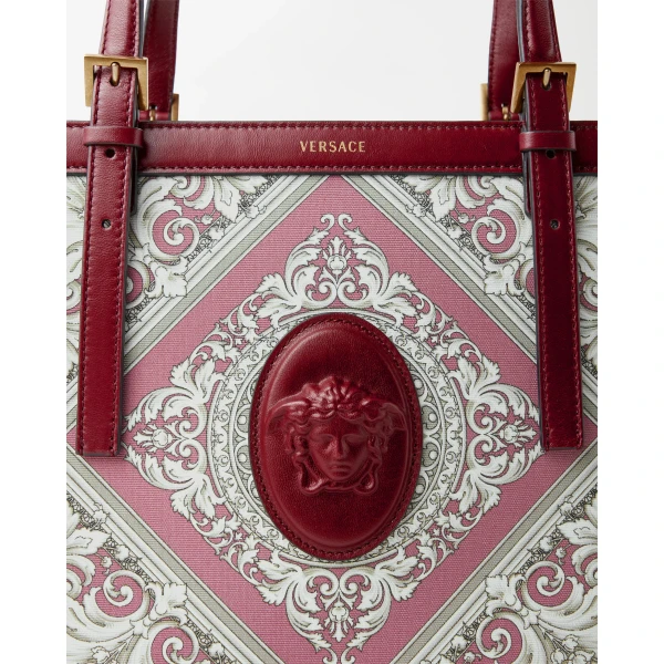 Versace Rivière Printed Canvas Tote in Grey and Pink, view 4 | Totes & Top-Handle Bags