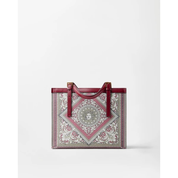 Versace Rivière Printed Canvas Tote in Grey and Pink, view 6 | Totes & Top-Handle Bags