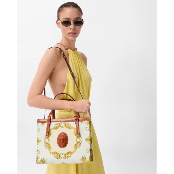 Versace Rivière Printed Canvas Tote in White and Gold, view 2 | Totes & Top-Handle Bags