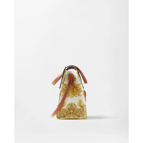 Versace Rivière Printed Canvas Tote in White and Gold, view 3 | Totes & Top-Handle Bags