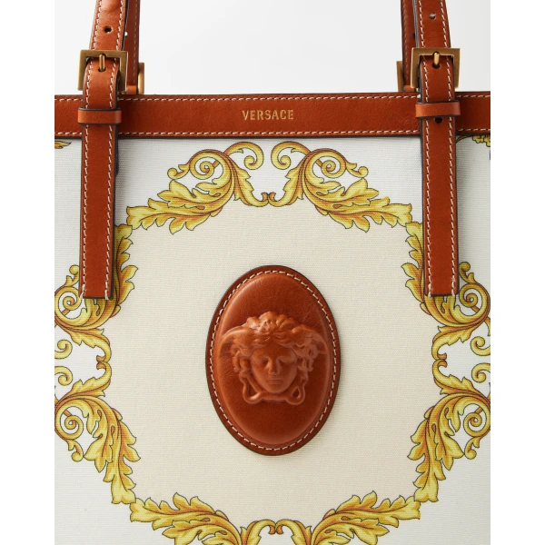Versace Rivière Printed Canvas Tote in White and Gold, view 4 | Totes & Top-Handle Bags