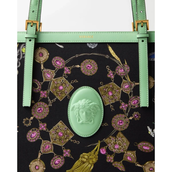 Versace Rivière Printed Large Canvas Tote in Black and Green, view 3 | Totes & Top-Handle Bags