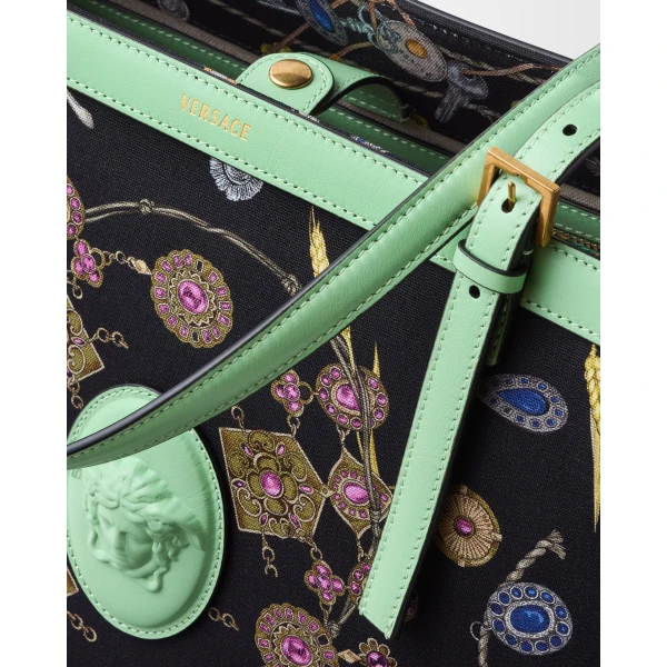 Versace Rivière Printed Large Canvas Tote in Black and Green, view 6 | Totes & Top-Handle Bags