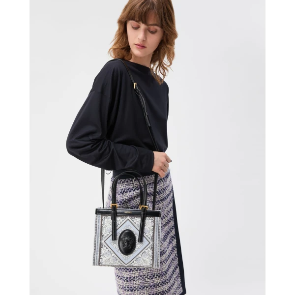 Versace Rivière Printed Mini Canvas Tote in Grey and Black, view 2 | Mini Bags