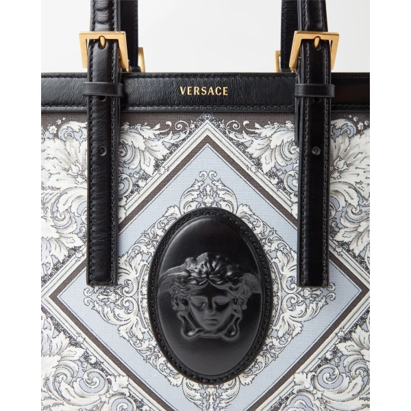 Versace Rivière Printed Mini Canvas Tote in Grey and Black, view 4 | Mini Bags