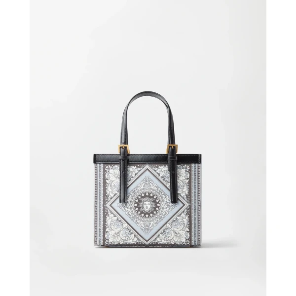 Versace Rivière Printed Mini Canvas Tote in Grey and Black, view 6 | Mini Bags
