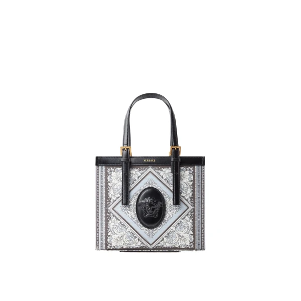 Versace Rivière Printed Mini Canvas Tote in Grey and Black | Mini Bags | Coveti
