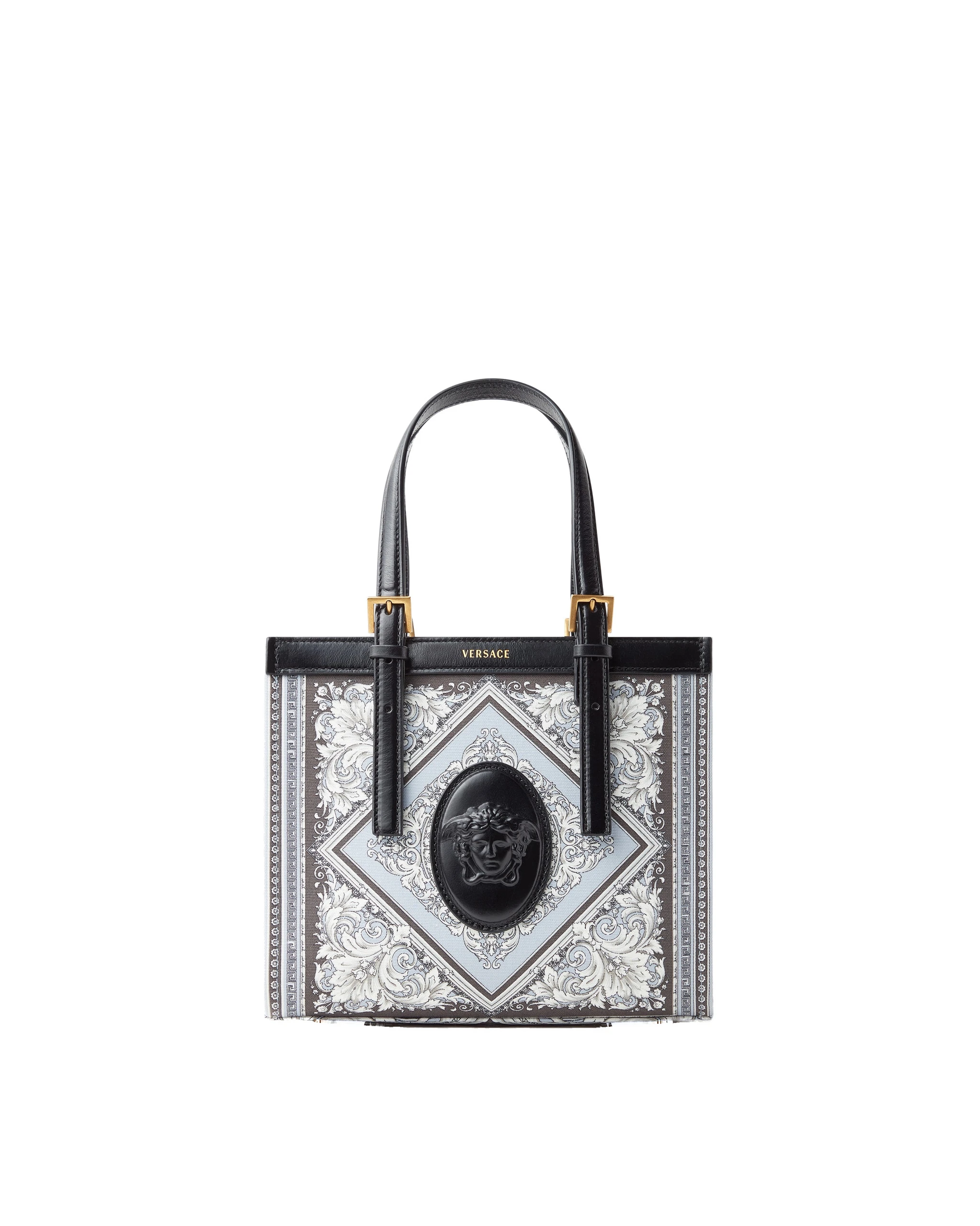 Versace Rivière Printed Mini Canvas Tote in Grey and Black Versace Rivière Printed Mini Canvas Tote in Grey and Black | Mini Bags | Coveti